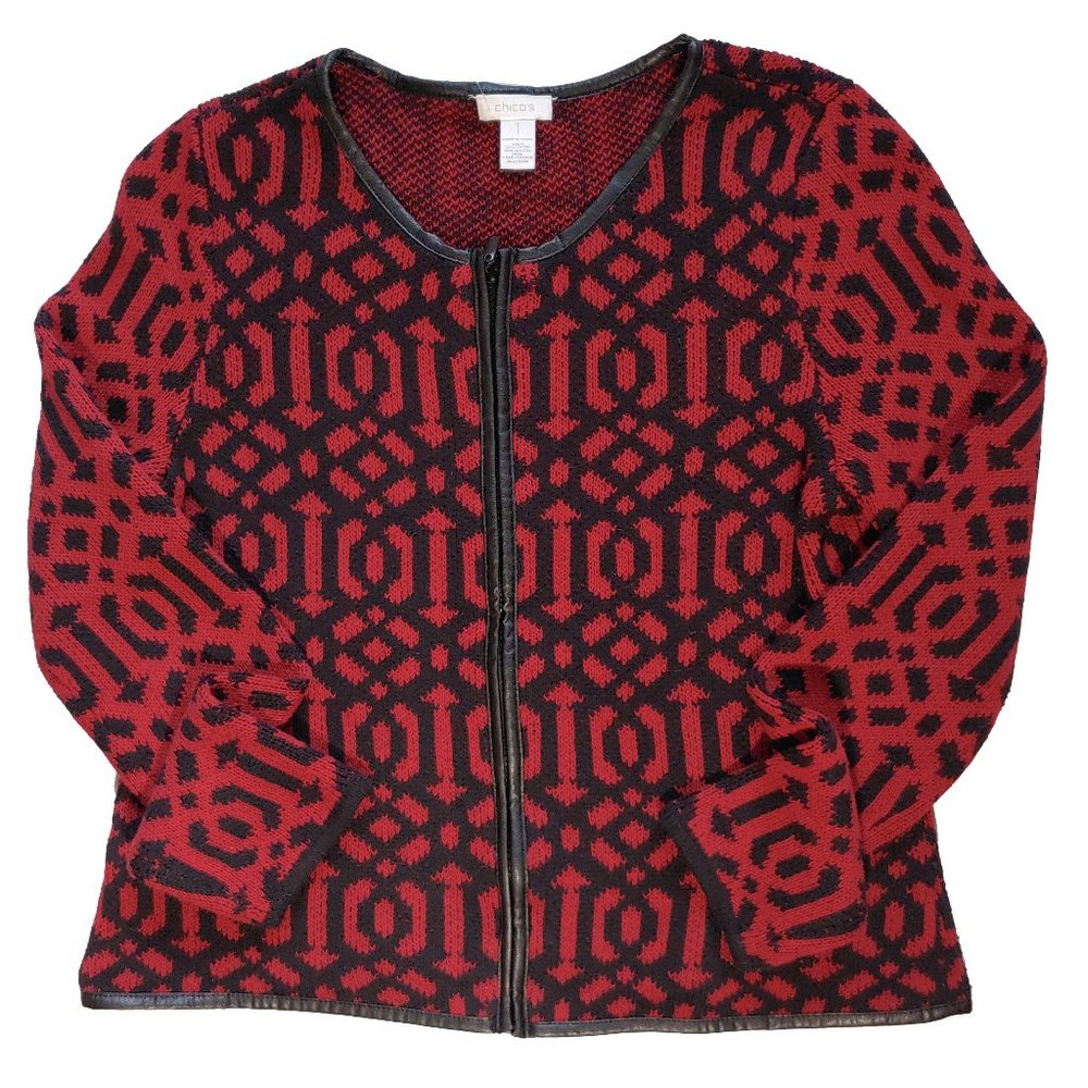 Chico Red Black Knit BOhemian Patter Cardigan Sweater Jacket